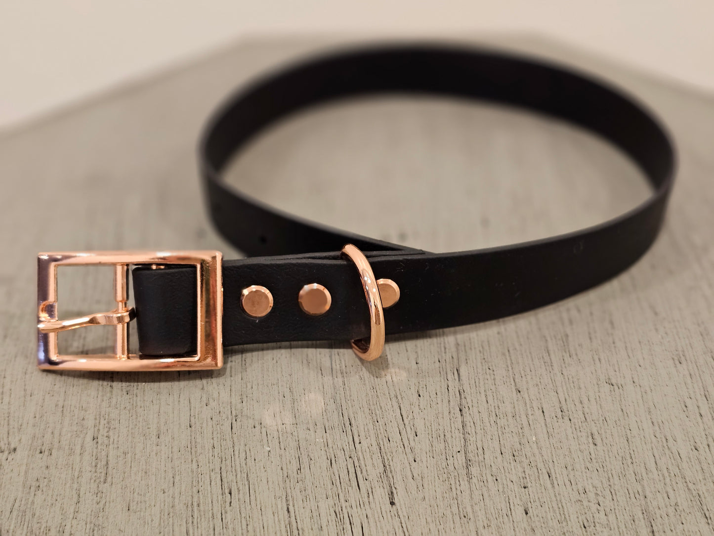 Back and rose gold biothane collar