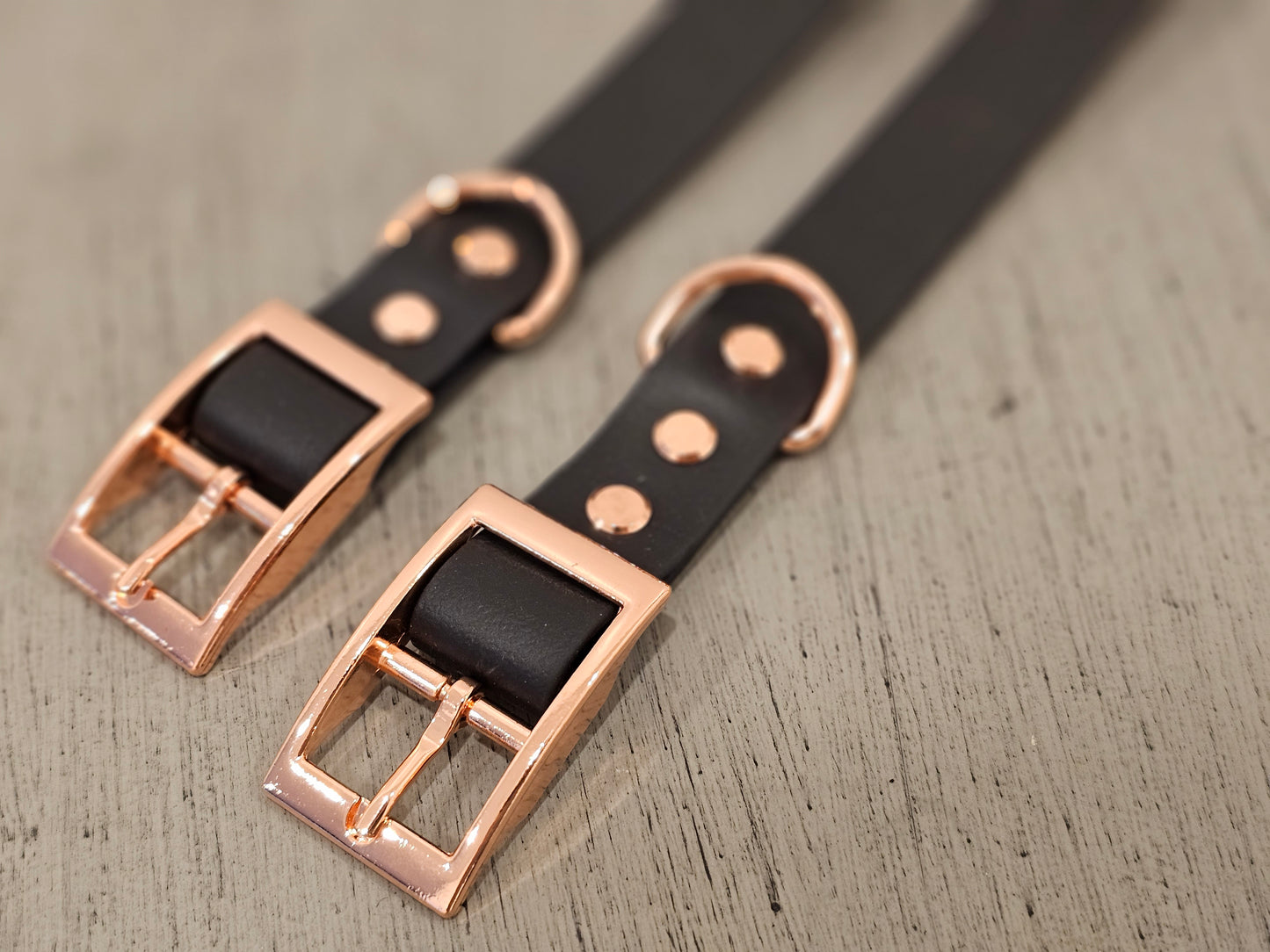 Back and rose gold biothane collar